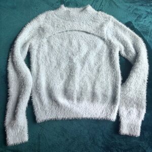 Elegant White Fuzzy Turtleneck Sweater with peep hole